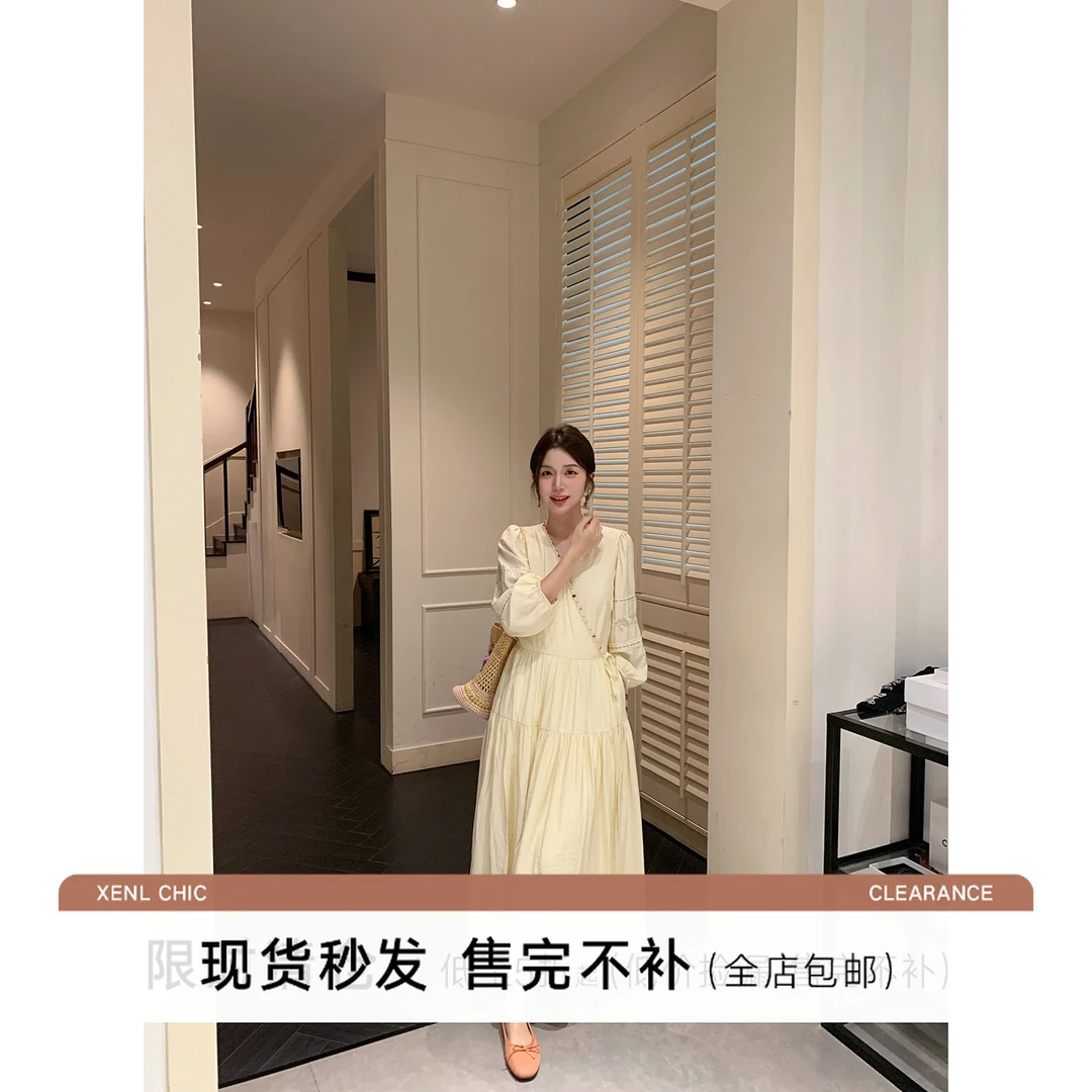 清仓陳文文【奶芙绮梦】法式温柔风设计感v领绑带连衣裙长裙女L0161