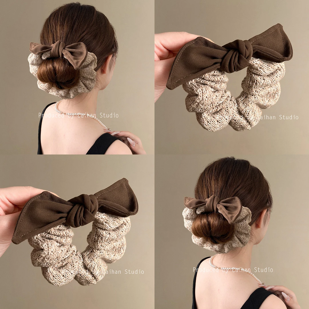 燕麦奶咖~温柔气质蝴蝶结发圈秋冬款毛线针织大肠发绳丸子头发饰