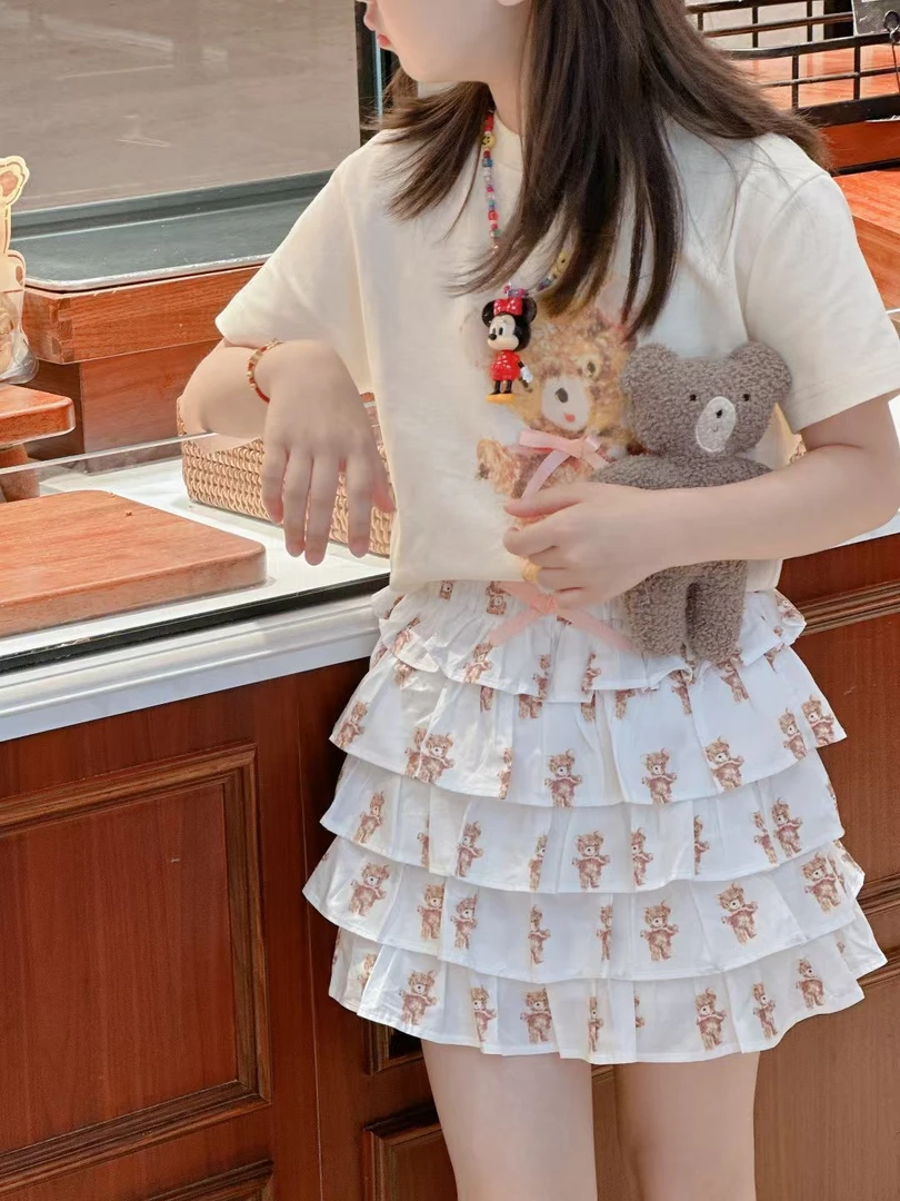 时尚蝴蝶结小熊T恤白色上衣夏装女孩亲子夏季