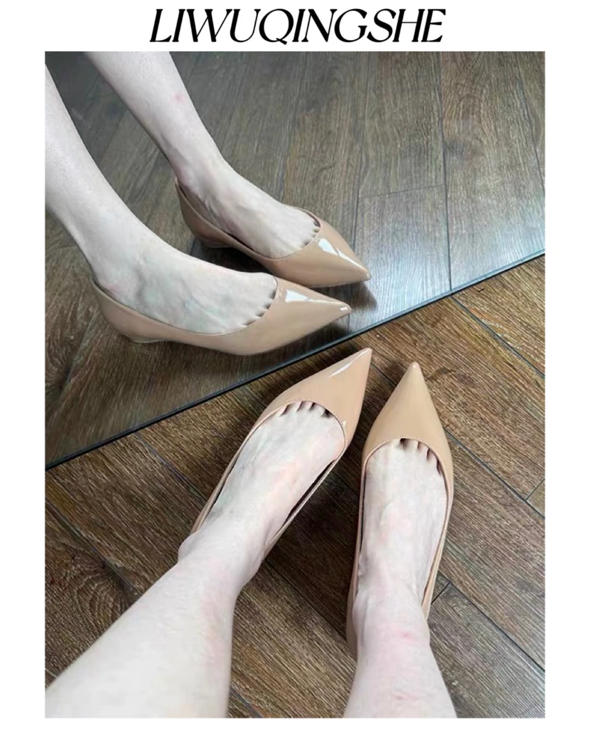 漆皮裸色34-43码2025年夏季新款内增高尖头不累脚浅口单鞋平底鞋