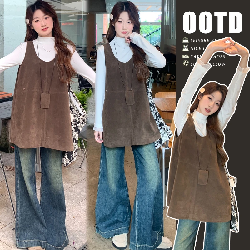 孕妇早春套装洋气舒适打底衫复古宽松马甲背心上衣潮妈叠穿两件套