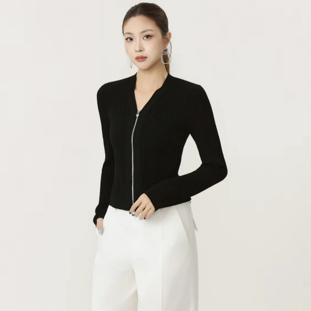 AMASS/阿玛施显瘦时尚冰丝黑色收腰修身长袖针织548026