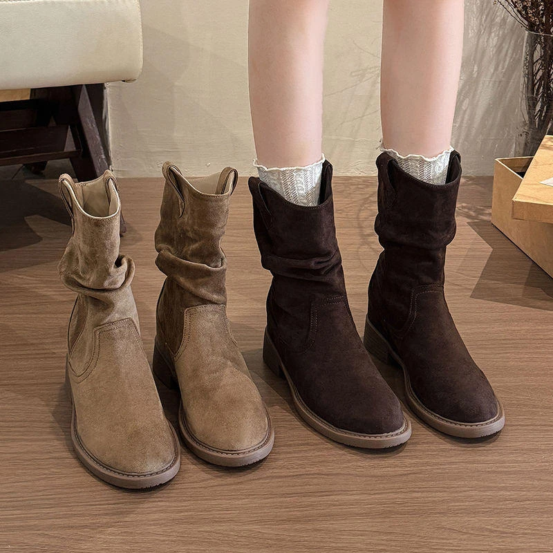 【WENJI】25ss复古西部牛仔靴女2025秋季新款美拉德中筒堆堆靴