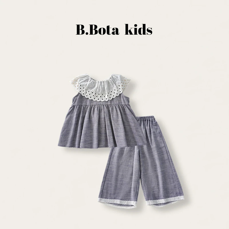 〖姐姐家〗2025夏款儿童蕾丝翻领马甲+脚口蕾丝裤真两件套bt206