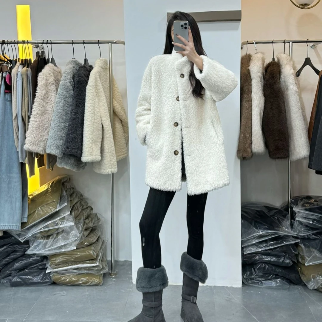 慵懒雪松廓形羔羔毛女装冬季加厚中长款毛毛外套网红气质秋冬