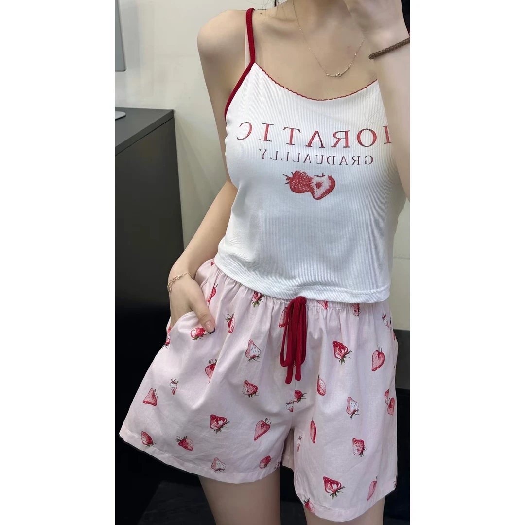 【 草莓吊带短袖套装】 夏季新款潮牌可外居家睡衣服套装