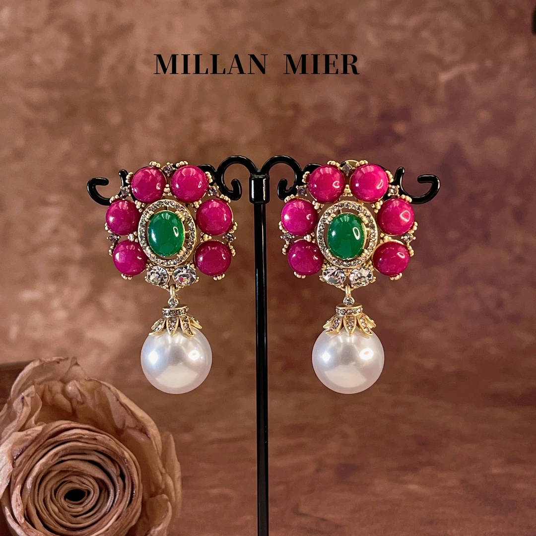 铜合金琉璃耳饰 【花簪】法式复古玫红色琉璃西洋古董耳环