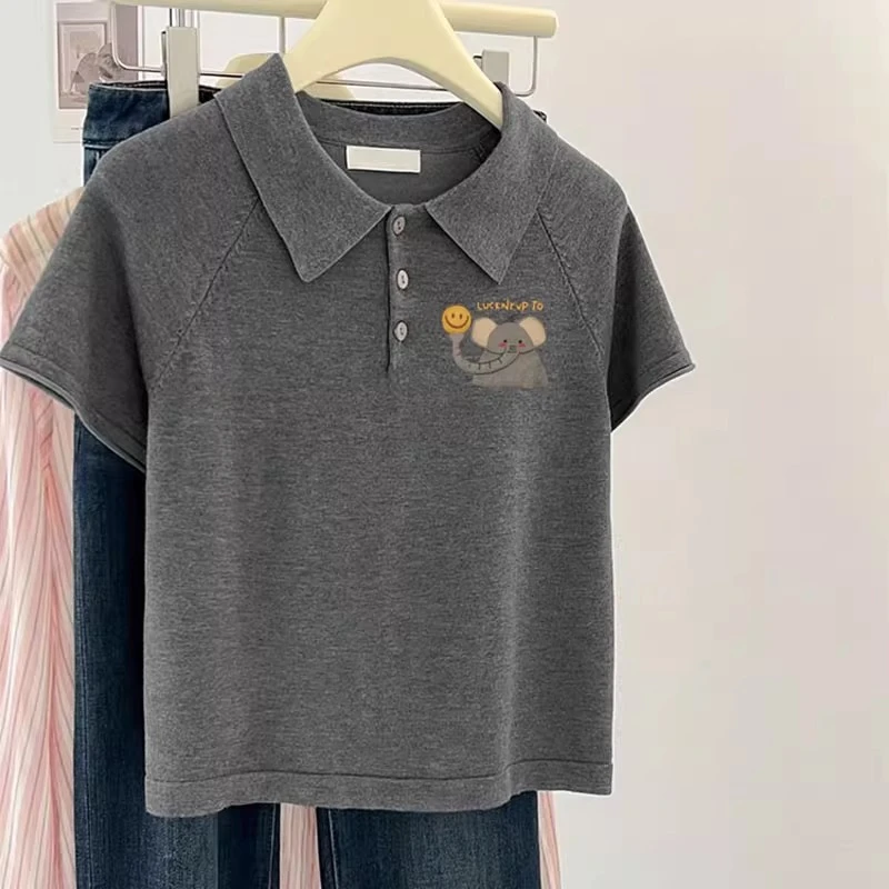 灰色小象polo领短袖美式复古正肩T恤女装夏季设计感小众别致上衣