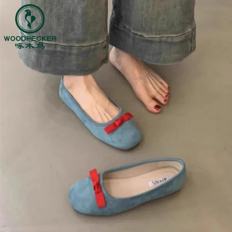 啄木鸟法式蝴蝶结圆头芭蕾舞鞋女2025春夏新款仙女鞋平底温柔单鞋