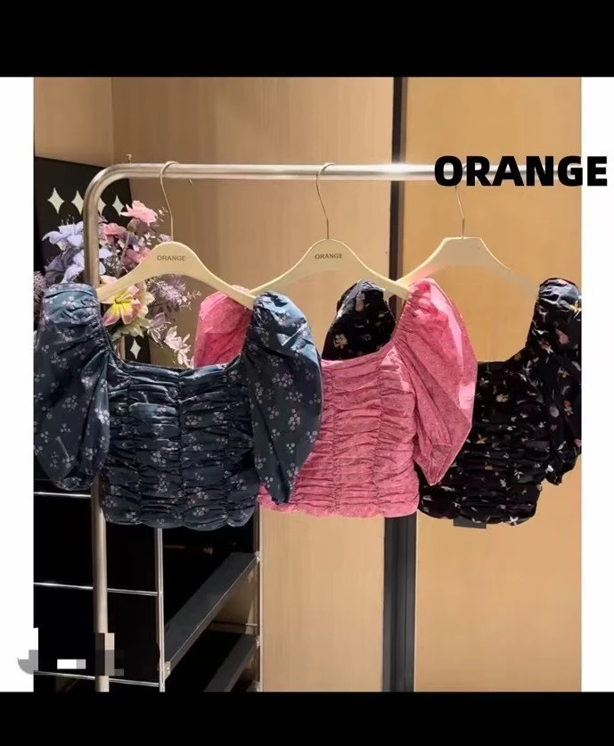 （大發）新款方领复古露肩短袖高腰设计短款全棉时尚百搭上衣