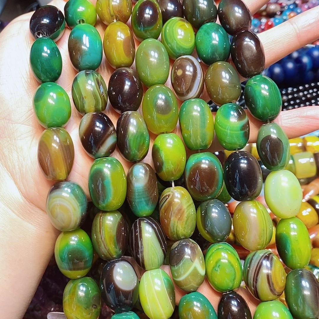 玛瑙/玉髓散珠天然黄绿玛瑙蛋珠一条15✖️20mm