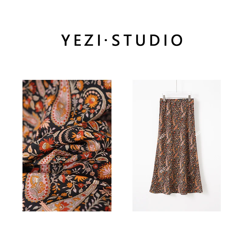 【古典美人】百百桑蚕丝数码印花佩斯利花色斜裁鱼尾半裙25233022