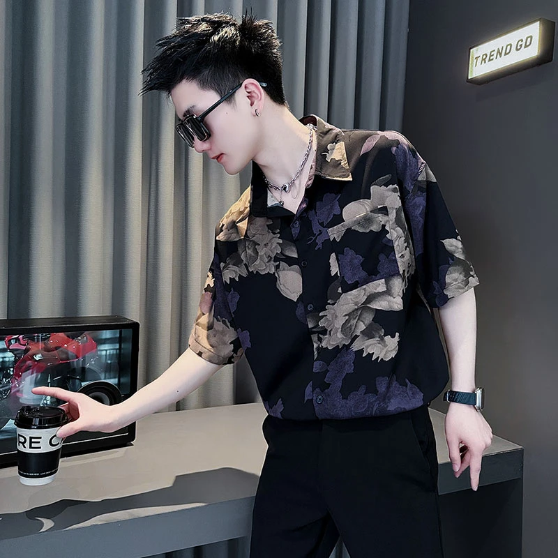花衬衫男士短袖夏季2025新款潮流痞帅上衣高级感英伦痞帅休闲衬衣