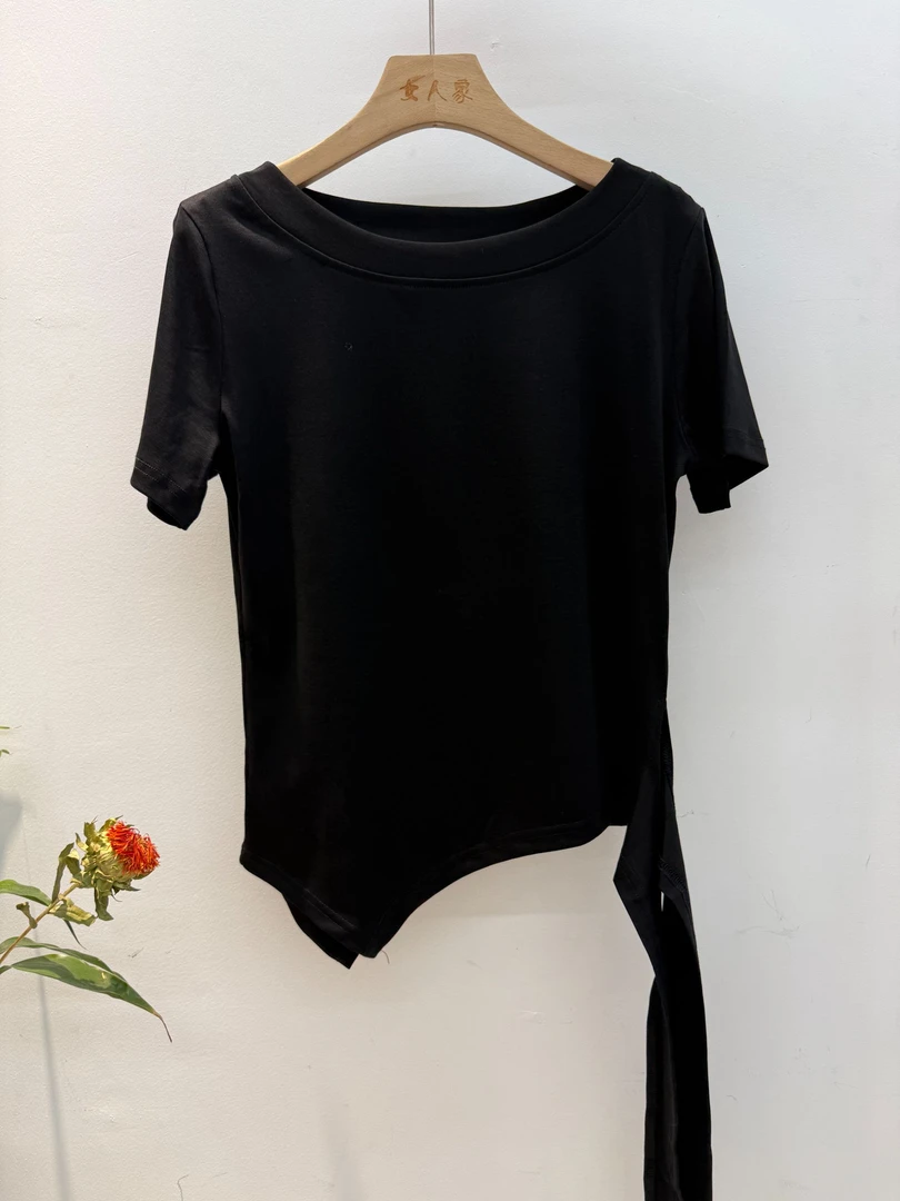 【女人家】8822夏季新款韩系设计感系带短袖T恤洋气百搭上衣