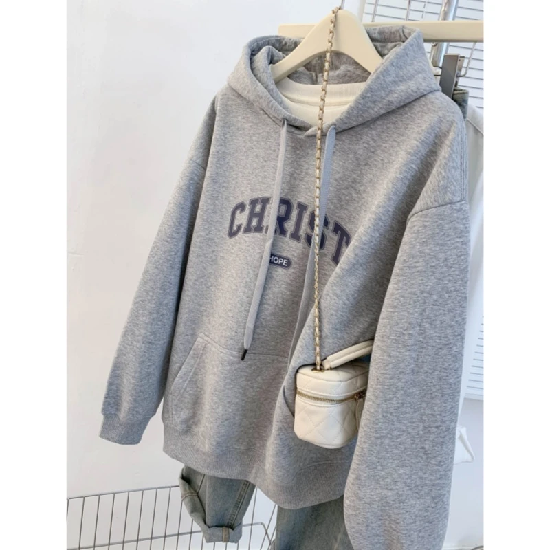 美式灰色连帽卫衣女2025新款早秋宽松加绒慵懒风小个子显瘦上衣潮