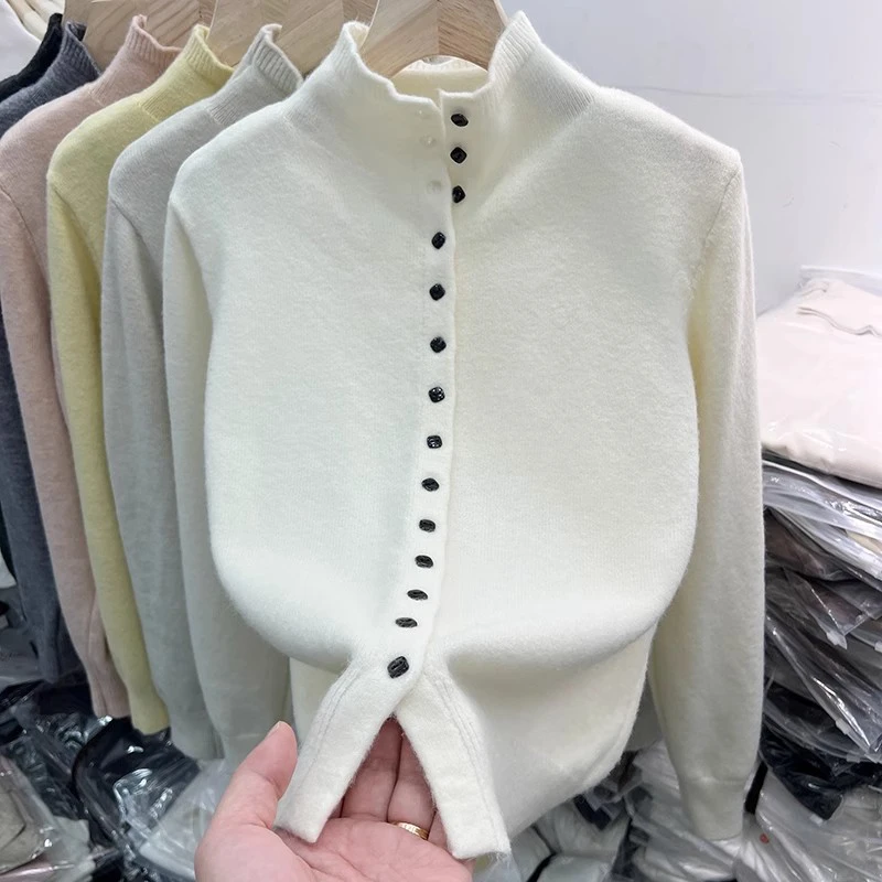 2025春季新款时尚半高领软糯针织开衫女装新款内搭洋气打底衫上衣