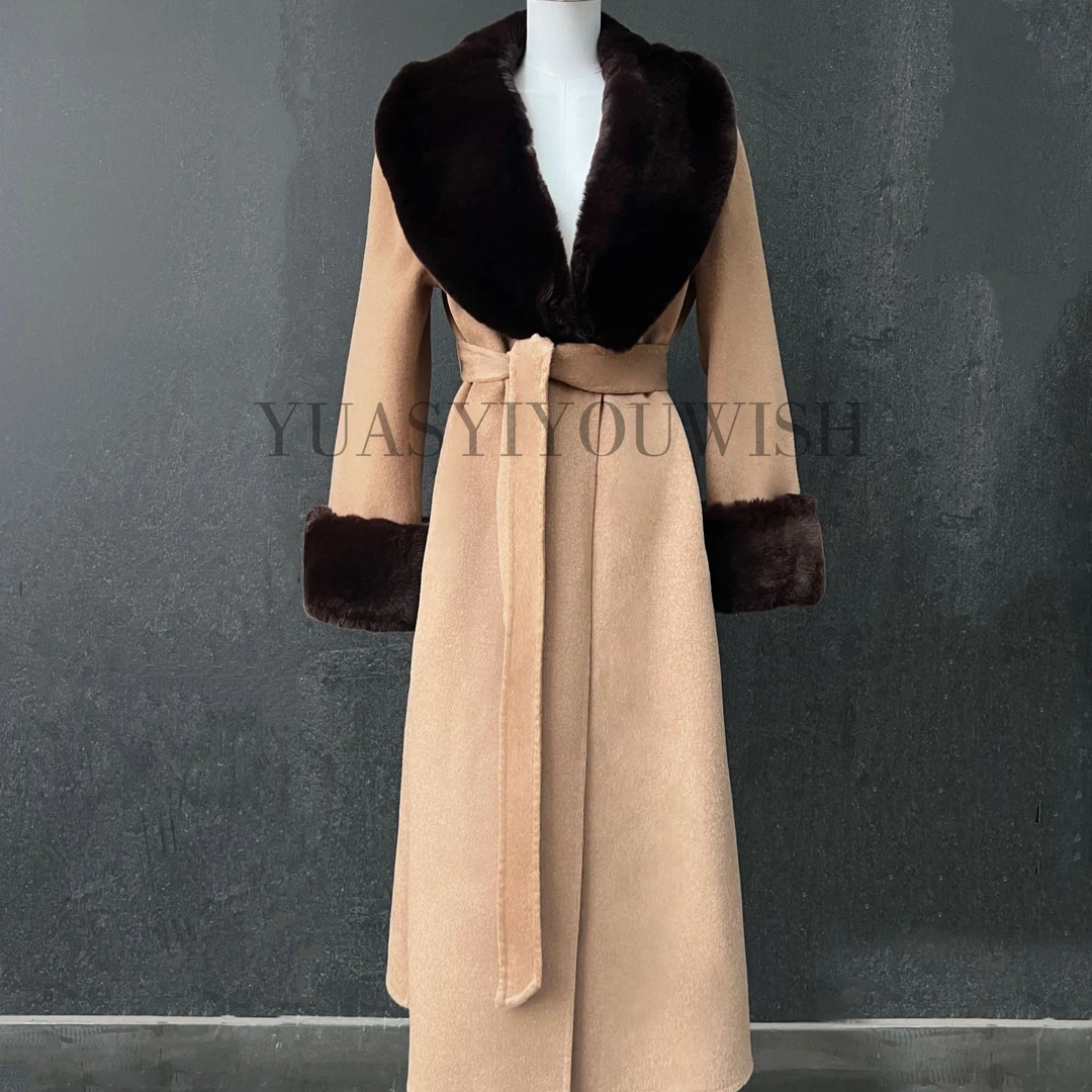 [X Y]|“古娅”轻奢长款浴袍羊绒羊毛大衣兔毛毛领冬季外套