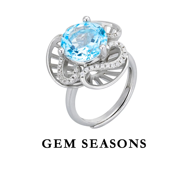 GEM SEASONS天然托帕石戒指 裙摆舞动设计师款小众蓝色宝石银戒