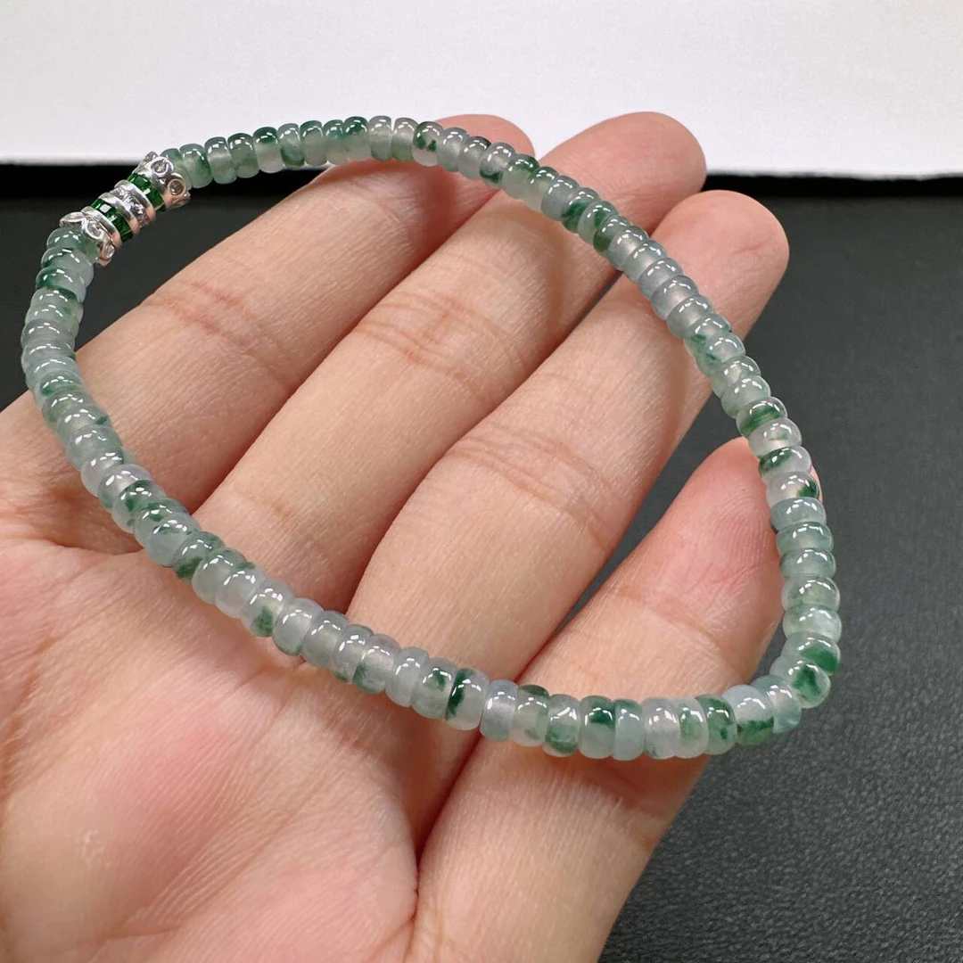 缅甸天然A货翡翠手串卡4mm老坑冰种飘花算盘珠单圈女款时尚手串