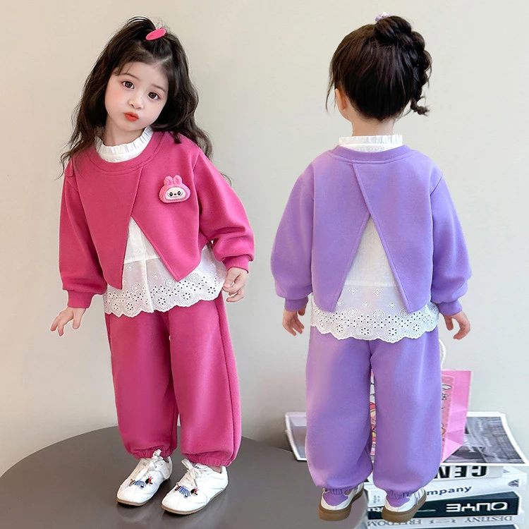 女童假两件花边卫衣春秋款女宝宝洋气时尚秋装儿童拉布布两件套潮