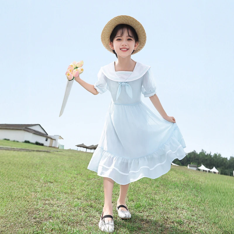 《童装品牌断码清仓直播》海军领高腰连衣裙25487