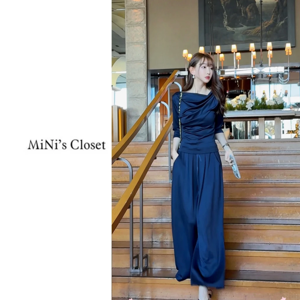 【MiNi推荐】法式不规则荡领收腰显瘦垂感宽松裤子两件套女JE1030