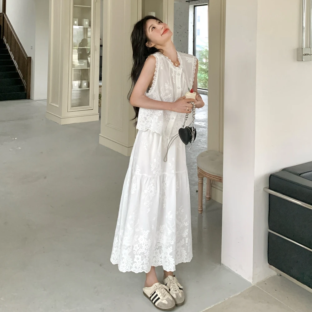 蕾丝刺绣无袖衬衣半身裙两件套女2025夏季新款减龄一整套穿搭套装