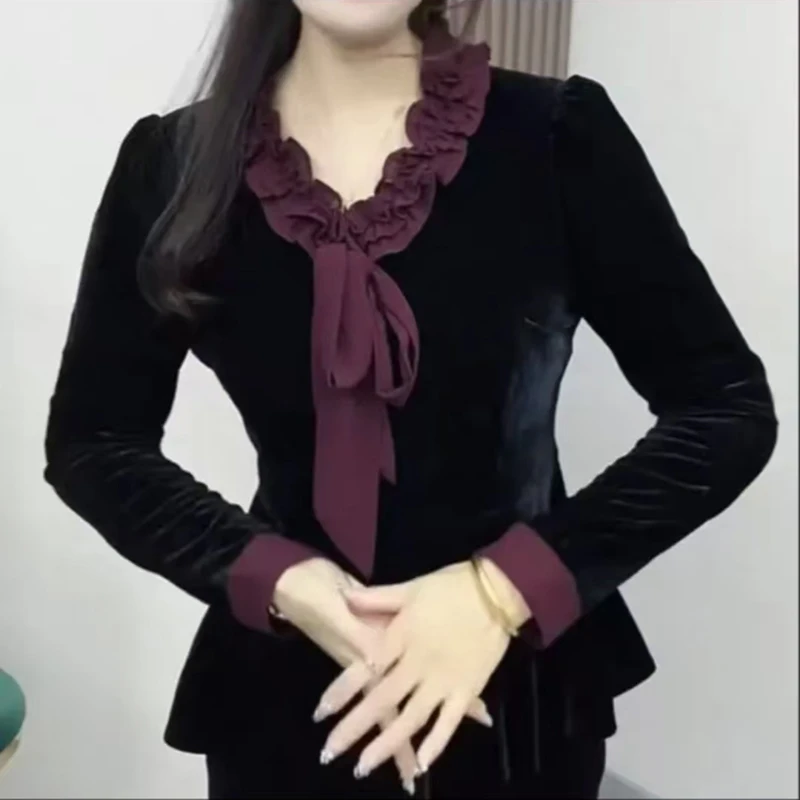 春秋季时尚百搭气质长袖打底衫显瘦飘带黑色上衣女士小衫