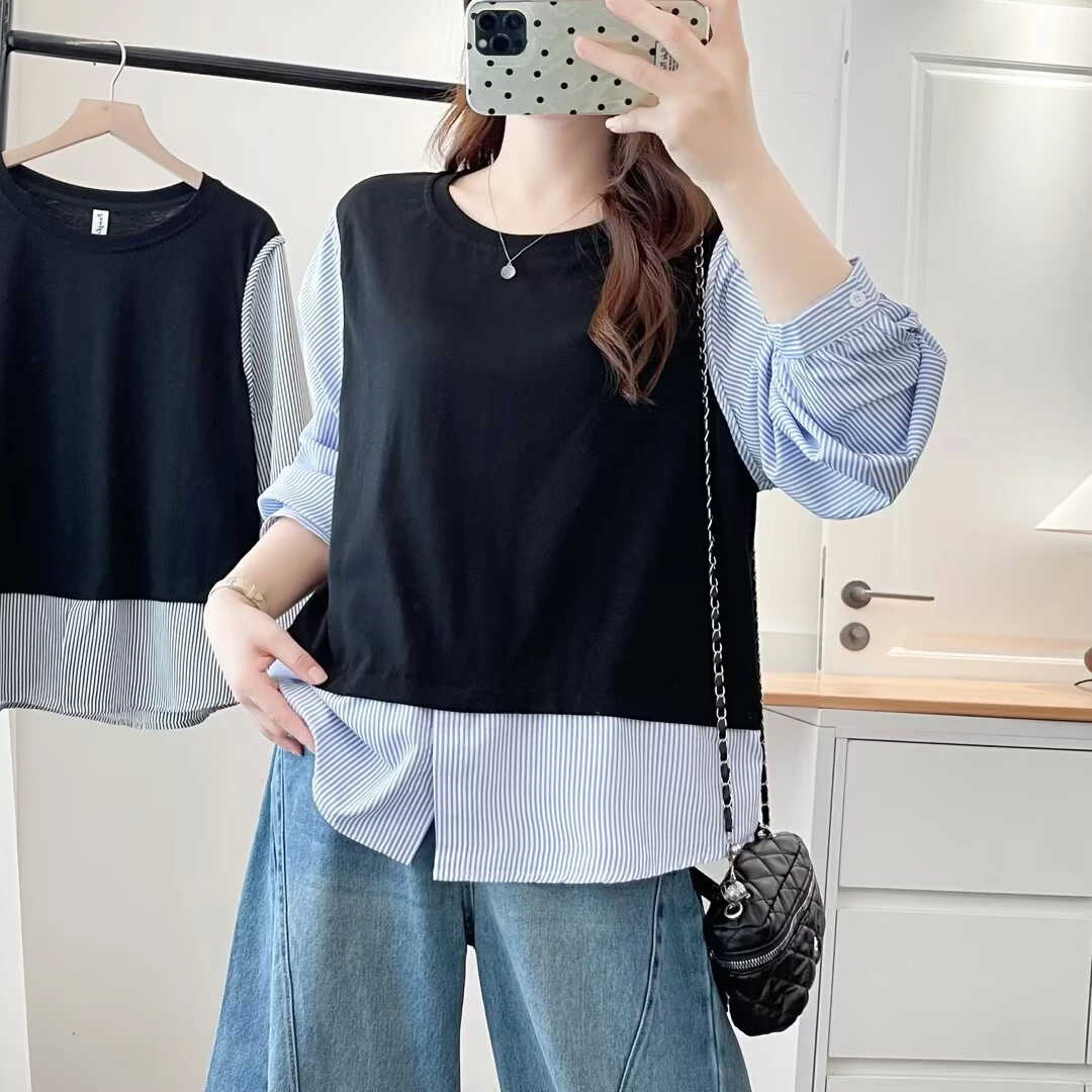 HUIZHIMEI/绘智美大码秋季新款洋气显瘦设计感假两件拼接条纹衬衫