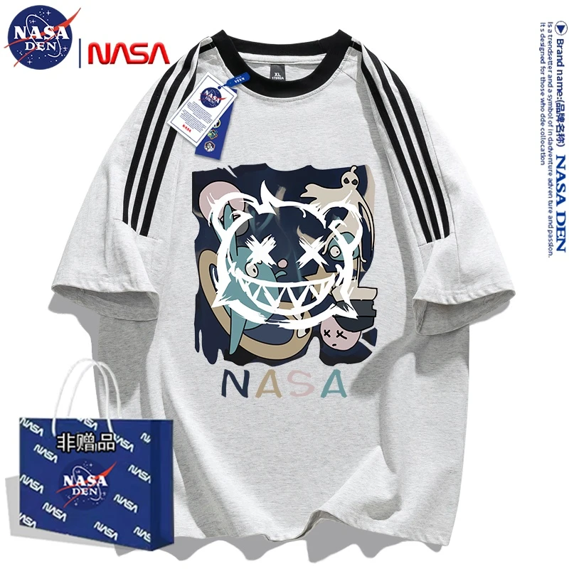NASA联名重磅纯棉半袖男女T恤三条杠时尚宽松短袖美式复古印花款