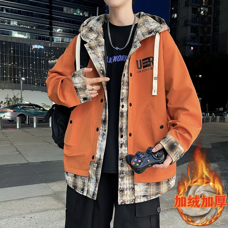 男士外套加绒加厚假两件秋冬季连帽休闲夹克男青少年学生保暖棉服