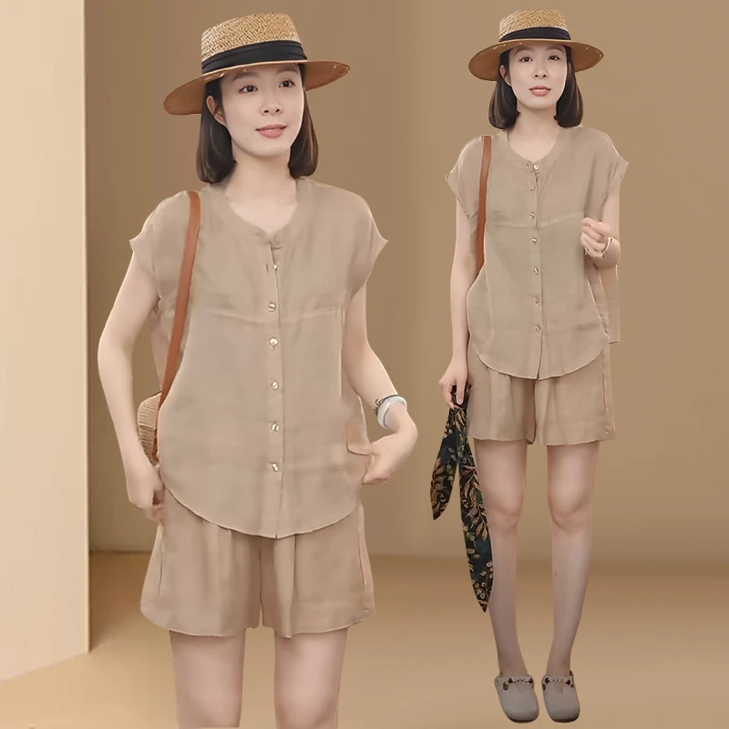 宽松休闲气质时尚套装女夏季新款流行纯色薄款上衣短裤穿搭一整套