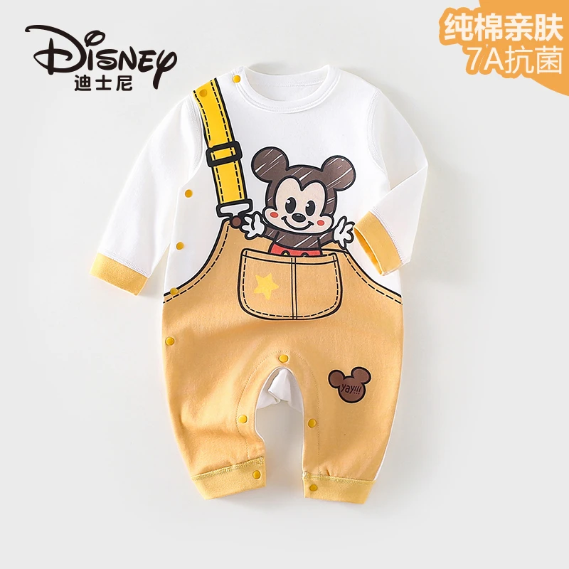 迪士尼纯棉春秋连体衣长袖无骨哈衣婴儿薄款睡衣纯棉外出服2件装