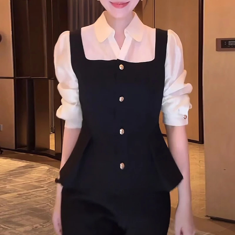 假两件排扣长袖衬衫女2025春秋新款时尚气质设计感POLO领显瘦小衫