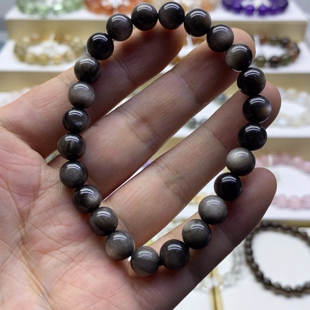 黑曜岩手链未镶嵌银曜石8mm