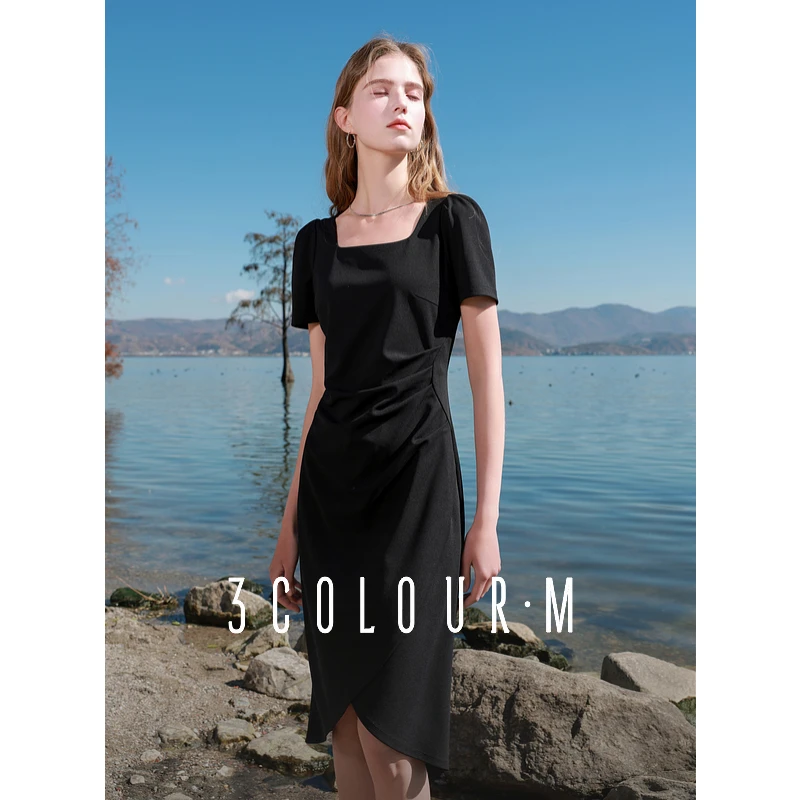 三彩2025春季新款法式方领小蛮腰连衣裙修身开叉中长裙收腰M