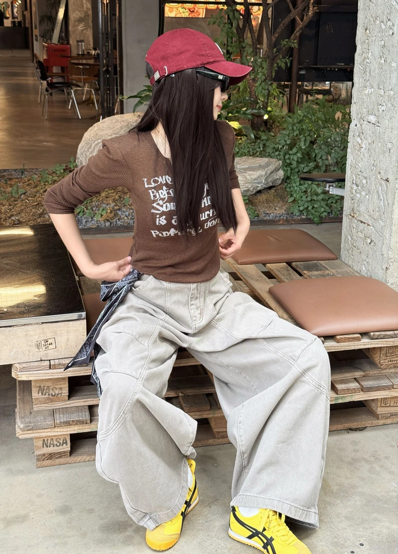 水洗高腰宽松阔腿弯刀牛仔裤女秋季复古设计感拖地长裤