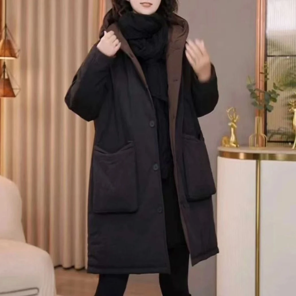 【双面双穿】连帽中长款棉服加厚冬季女装显瘦网红休闲百搭宽松保暖