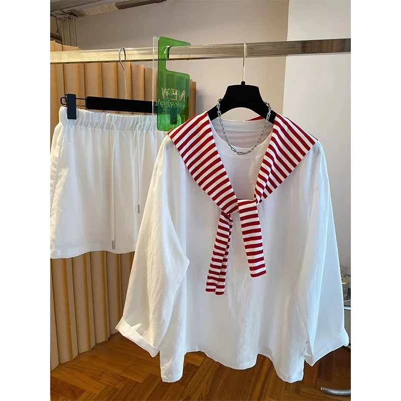 大码300斤胖mm韩系条纹披肩衬衫T恤女夏季新款宽松休闲短裙三件套