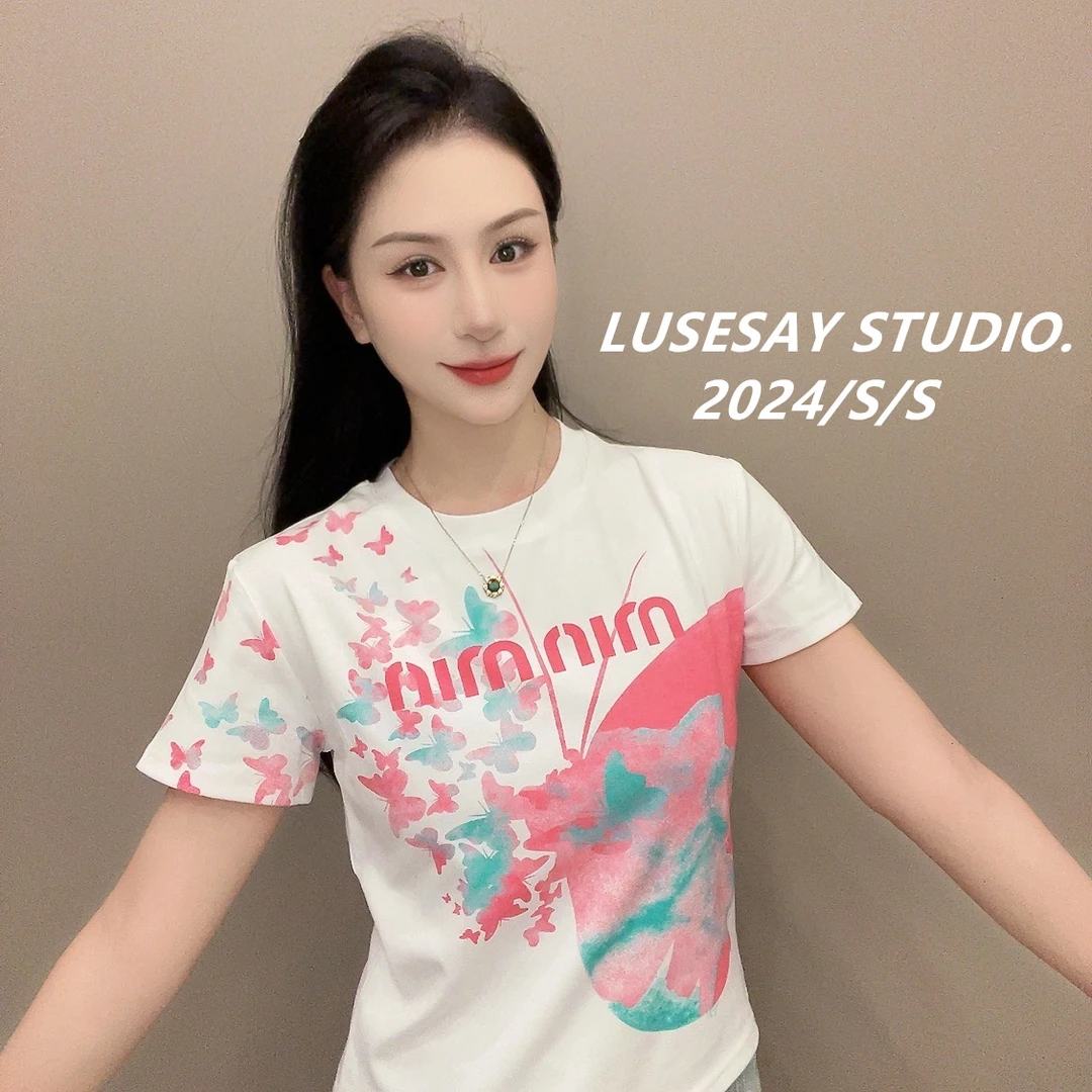 LUSESAY 设计感彩色蝴蝶~ 秋季2024新款 短袖t恤女百搭休闲上衣