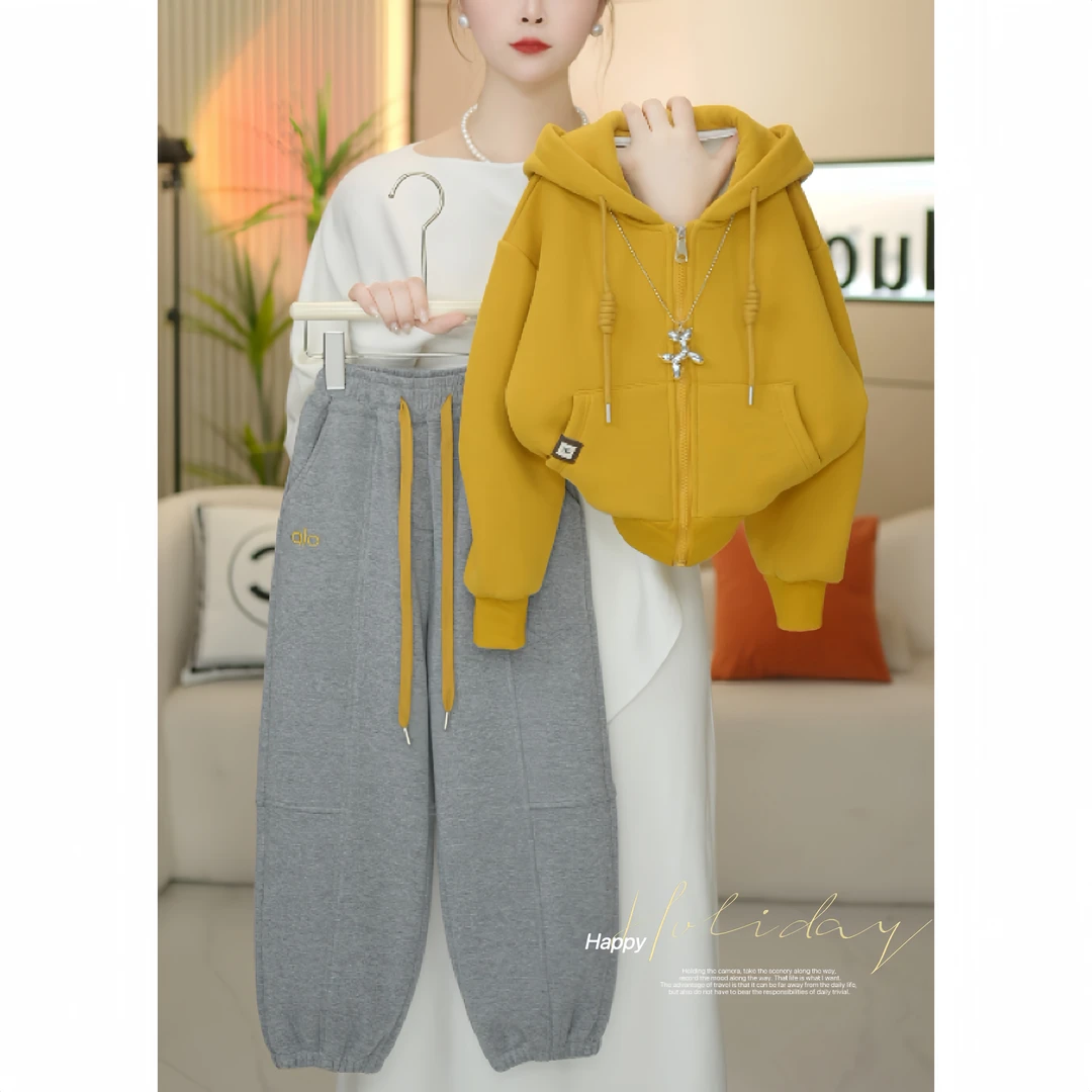 女童2025秋冬季新款韩版洋气一体绒加厚外套+裤子套装-3112