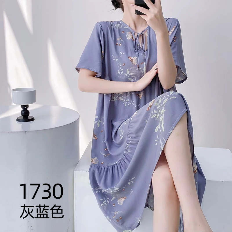 中长款绵绸睡裙薄款夏天长裙女裙子夏季时尚圆领宽松短袖成人