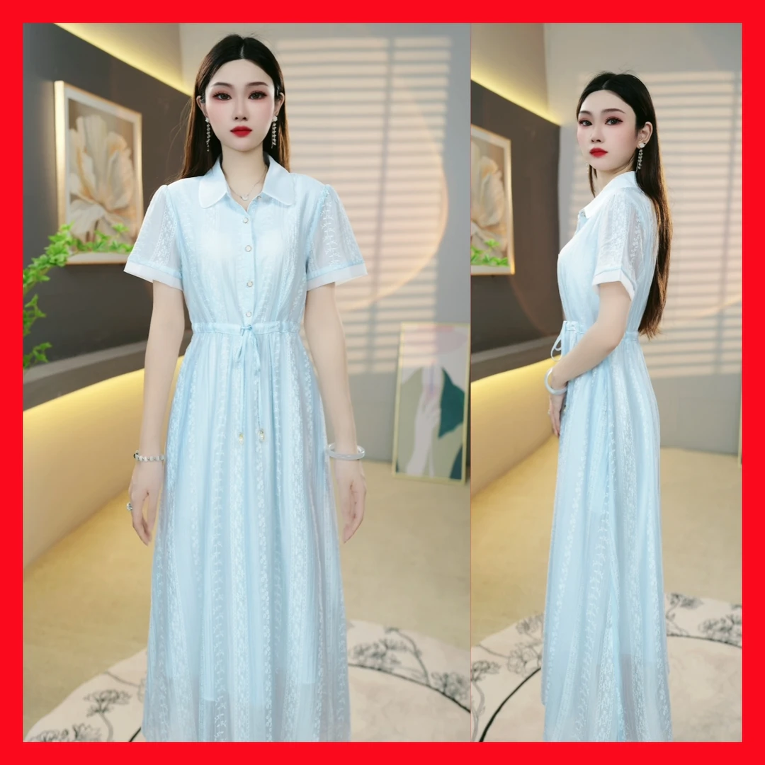 [连衣裙]919夏季新款优雅时尚连衣裙女气质印花遮肉显瘦中长款裙