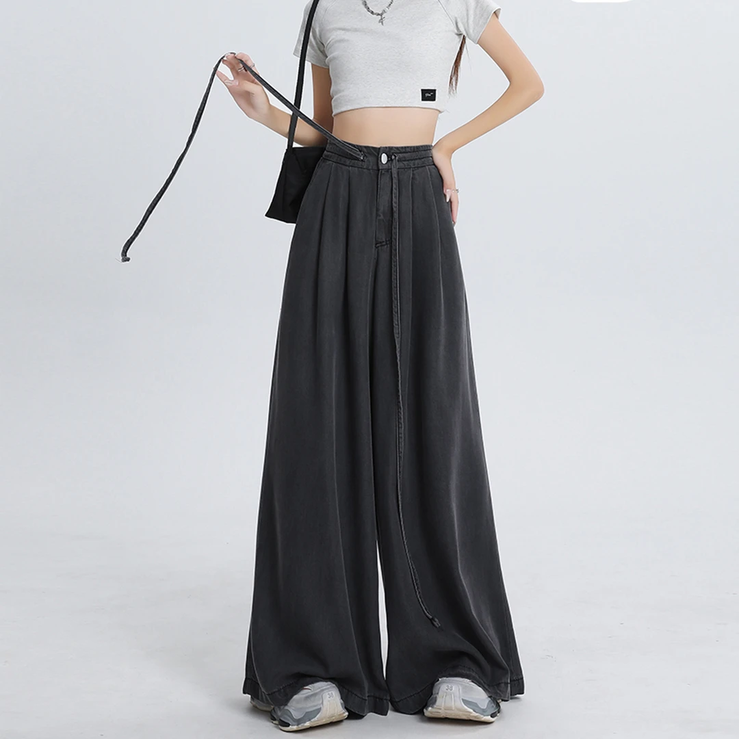 300斤胖mm大码女装高腰直筒牛仔裤女抽绳设计美式复古阔腿裤