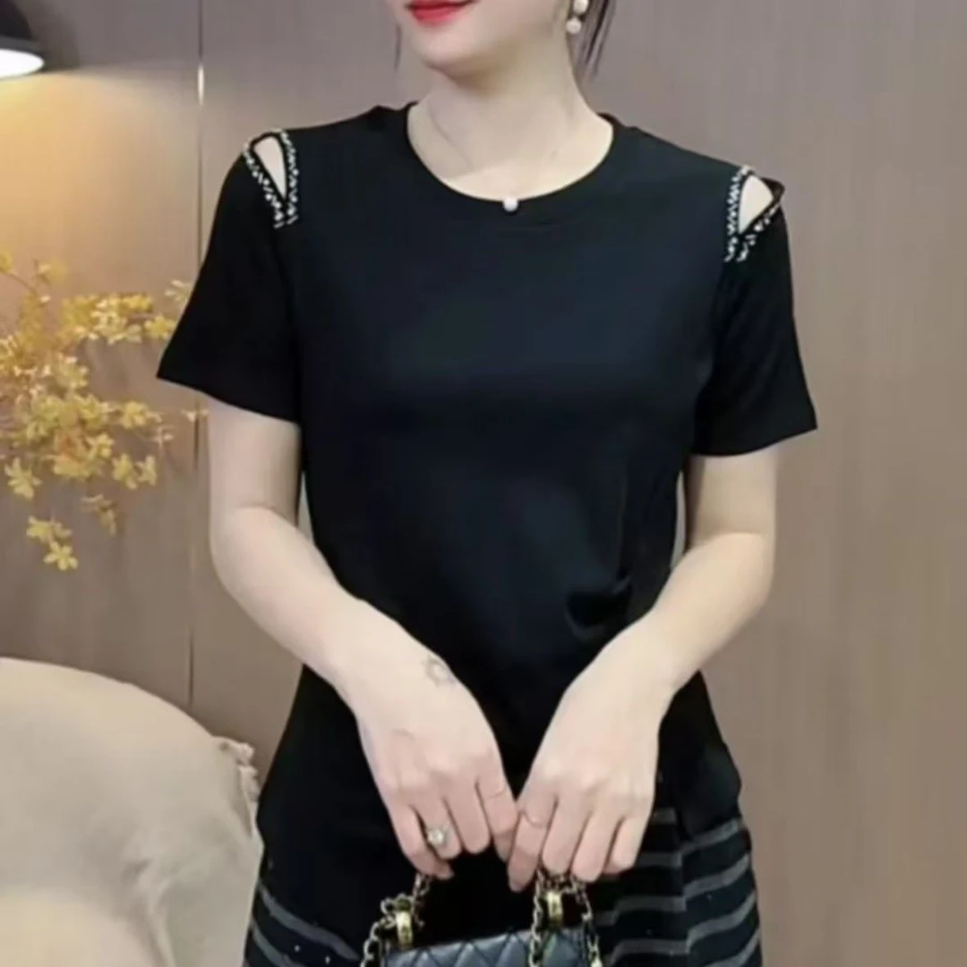 短袖t恤女2025新款夏季休闲V领韩版时尚百搭显瘦露肩镂空上衣