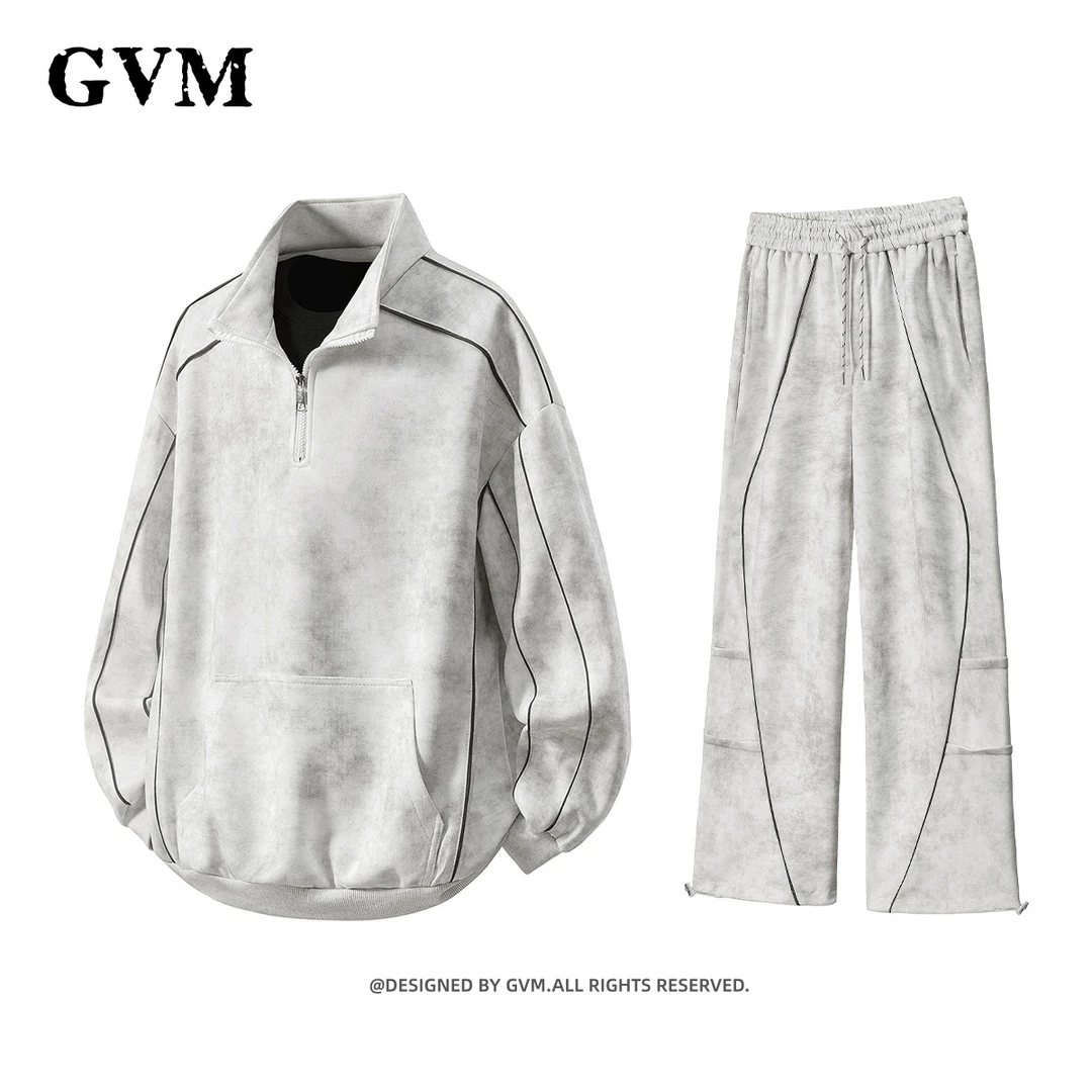 脏脏灰两件套男美式复古潮流半拉链卫衣卫裤情侣休闲运动套装
