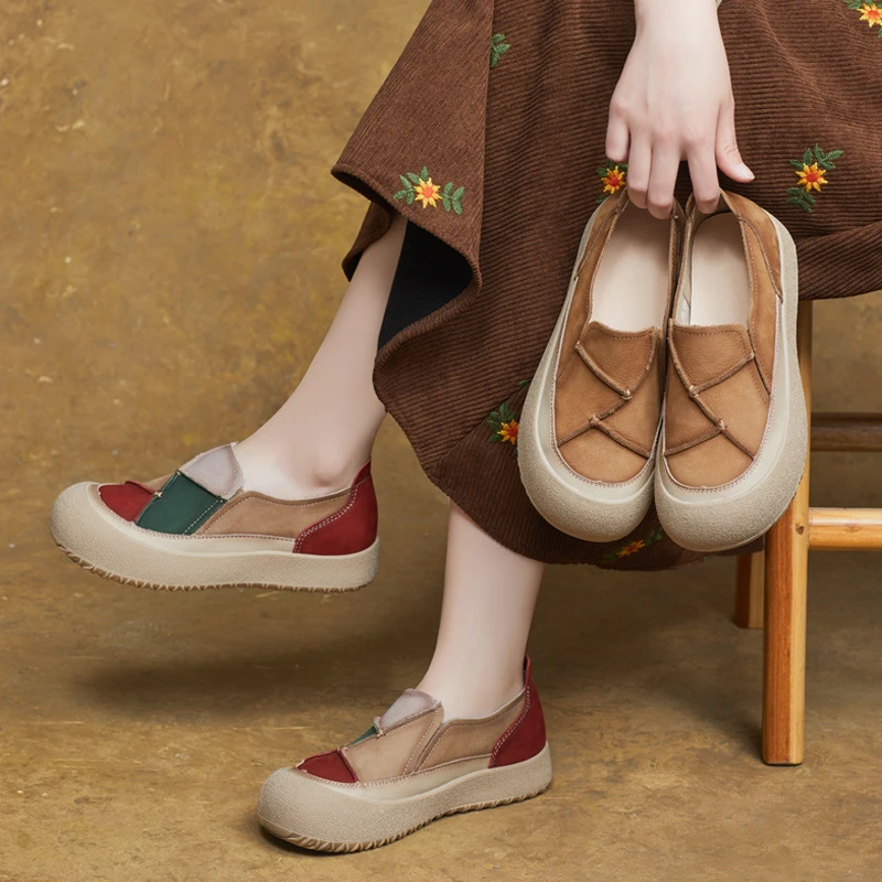 2025春季新款真皮英伦风手工圆头拼色套脚平跟复古单鞋软底鞋