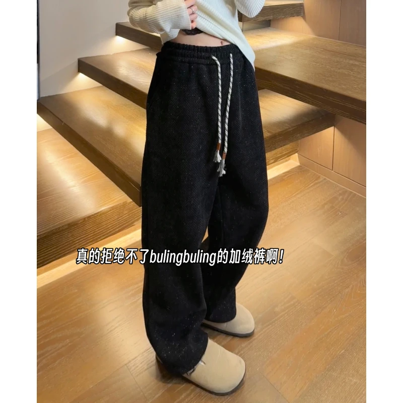 美式斜纹满天星加绒卫裤男款秋冬肌理感保暖阔腿裤子小香风运动裤