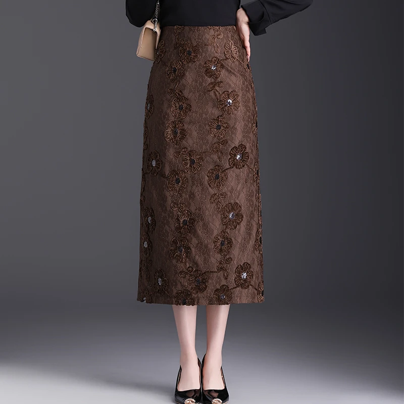 加厚秋冬重工刺绣复古高端半身裙修身显瘦包臀裙中长款开叉一步裙