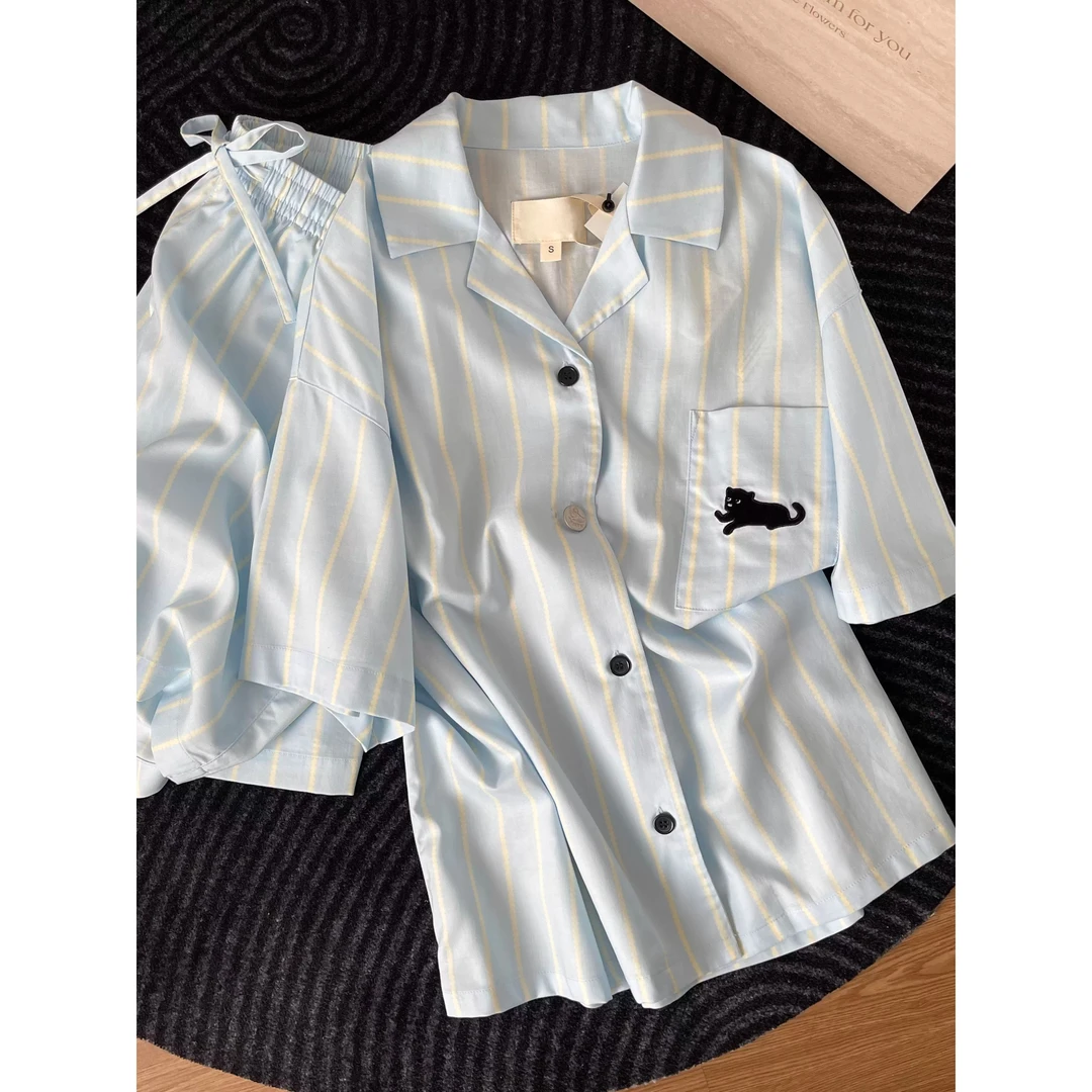 【DSYJ大睡衣家】韩版宽松条纹睡衣女款2025新款夏季休闲家居服套装